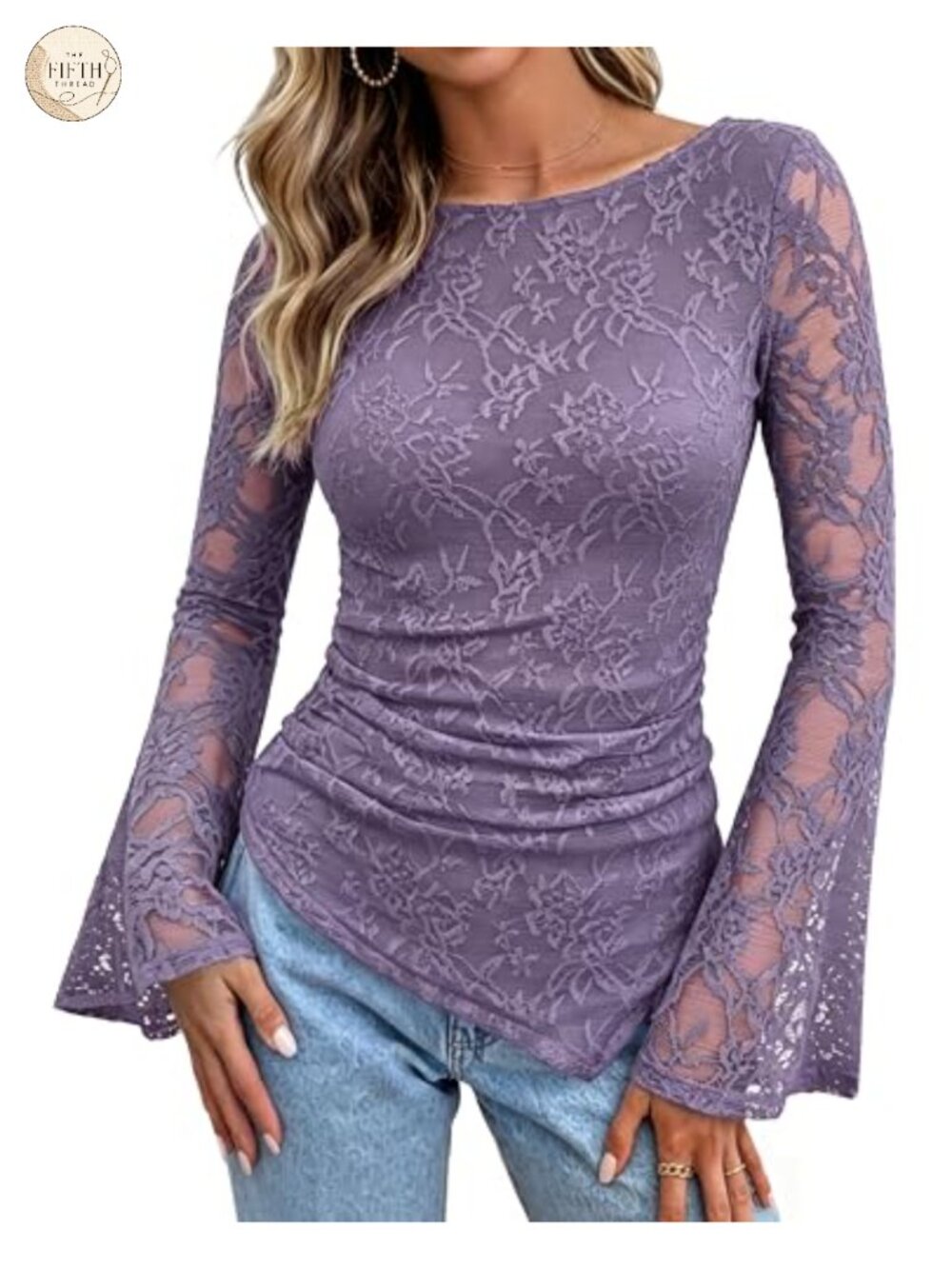 Women Lace Top Sheer Bell Long Sleeve Boho Peplum Blouse Ruched